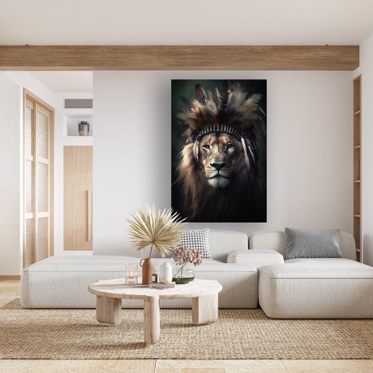 Stijlvolle wanddecoratie van een leeuw met een verentooi.