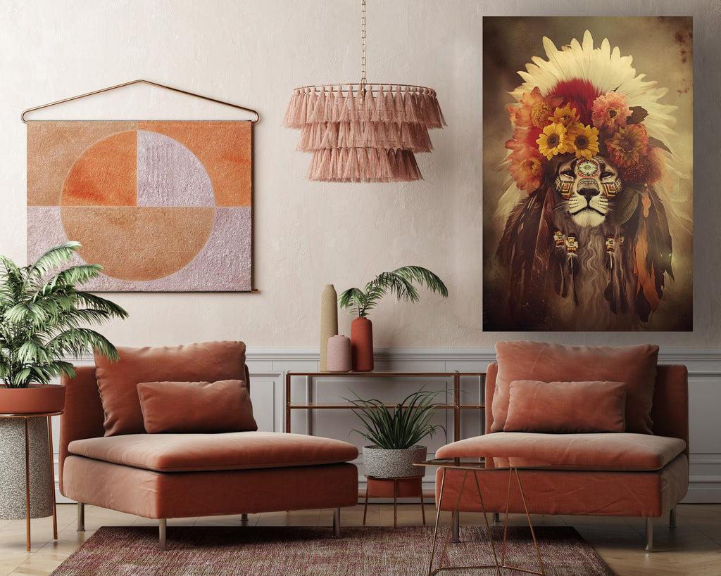 Wanddecoratie van een leeuw met een tooi van bloemen en veren