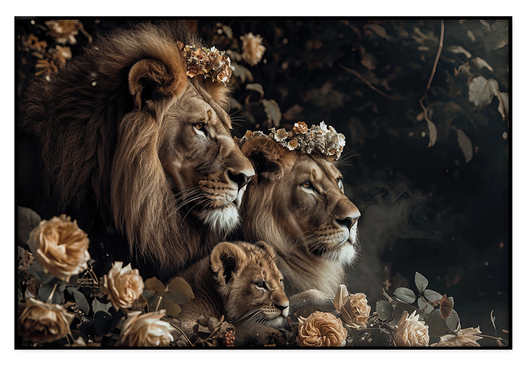 Artframe Leeuwen familie: leeuwenfamilie tussen lichte bloemen tegen een donkere achtergrond.
