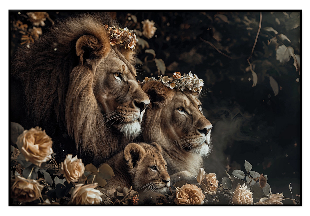 Artframe Leeuwen familie: leeuwenfamilie tussen lichte bloemen tegen een donkere achtergrond.
