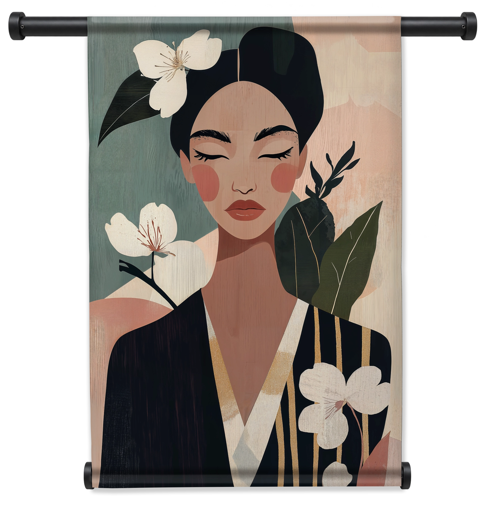 Wandkleed Lucy: vrouw met gesloten ogen tussen witte bloemen en groene bladeren.