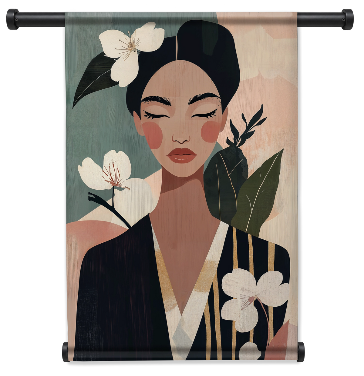 Wandkleed Lucy: vrouw met gesloten ogen tussen witte bloemen en groene bladeren.