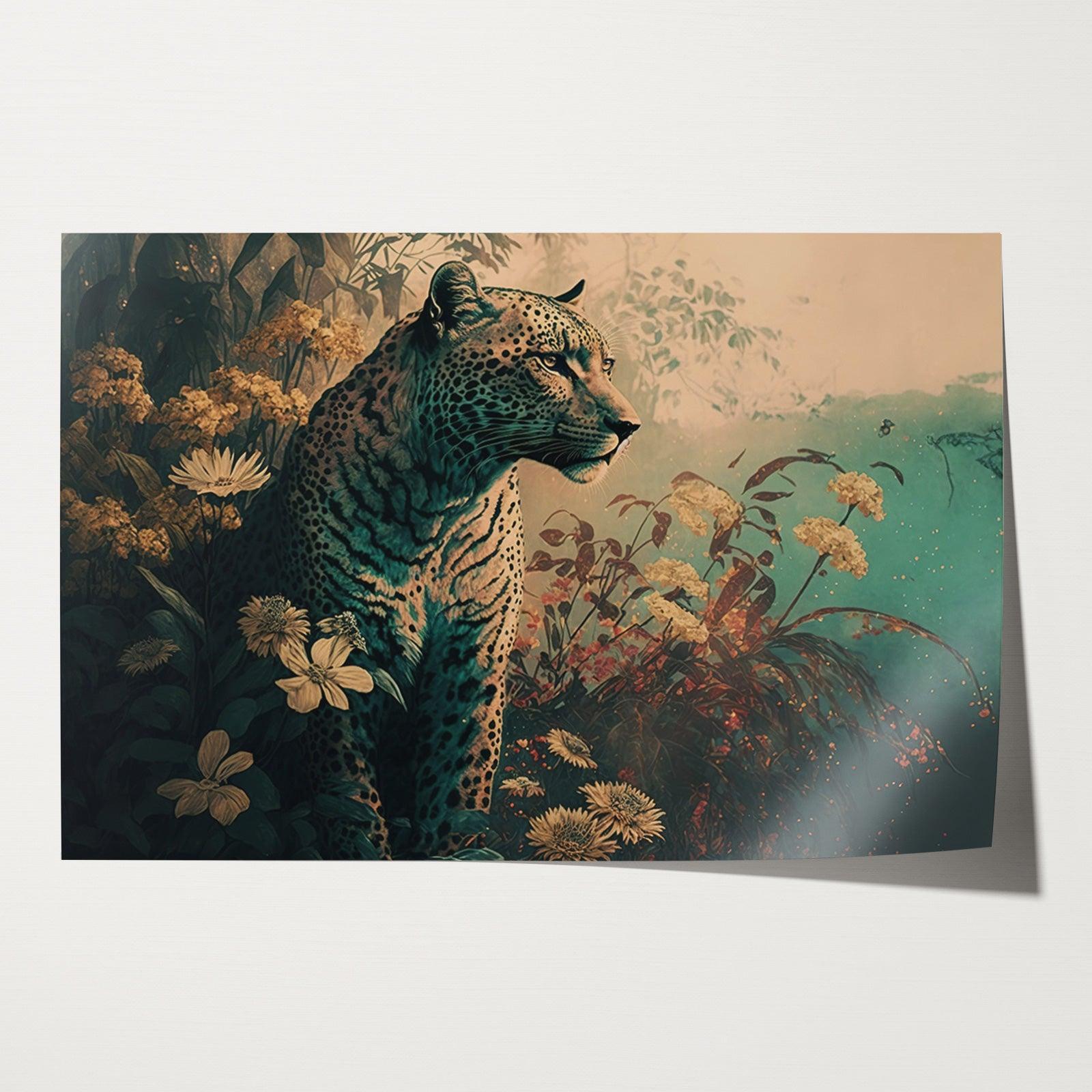Papieren poster Luipaard 2: luipaard tussen bloemen en planten in blauwgroene tinten.
