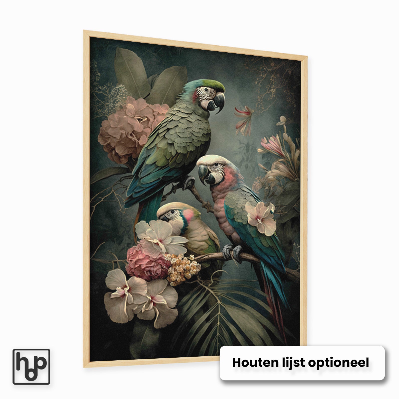 Vintage botanische poster met drie kleurrijke papegaaien en roze bloemen in een houten lijst.