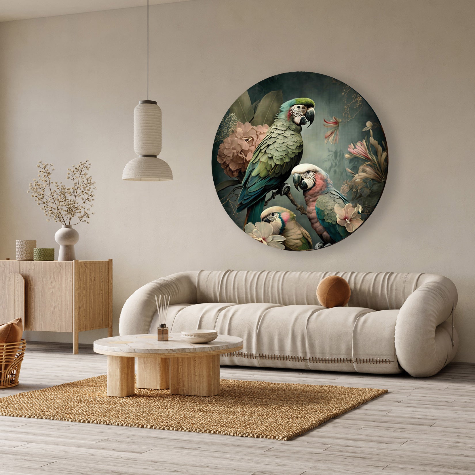 Ronde aluminium dibond muurcirkel met groene en roze papegaaien tussen bloemen in een modern interieur.