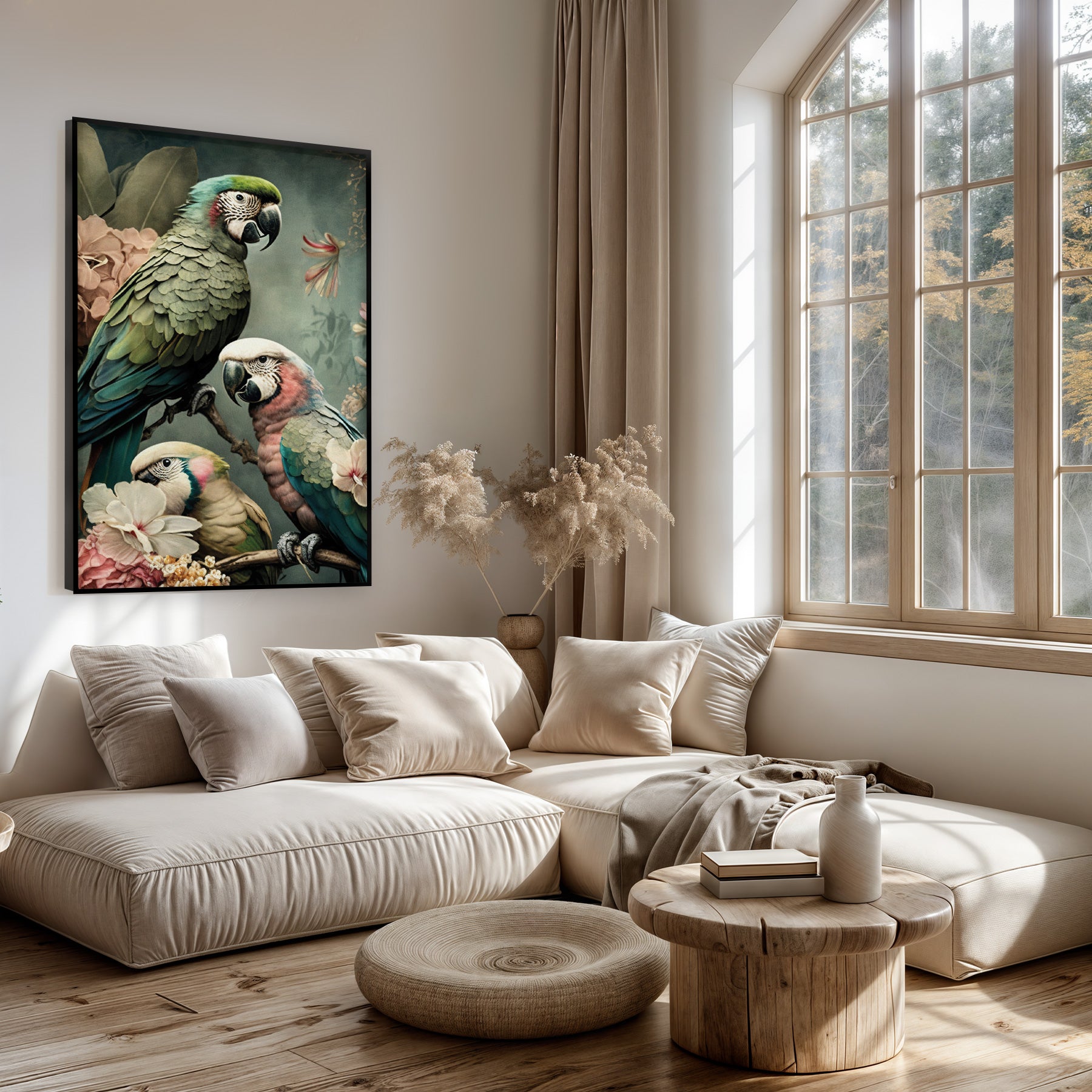 Artframe Bloemen Papegaaien 3 boven een lichte bank in een woonkamer.