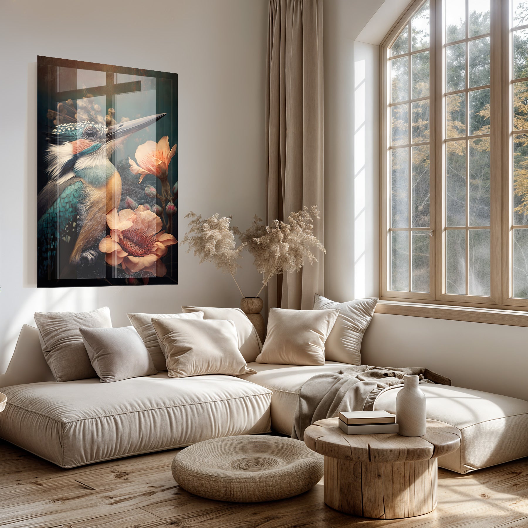 Plexiglas schilderij Ijsvogel 2 boven een lichte bank in een woonkamer.