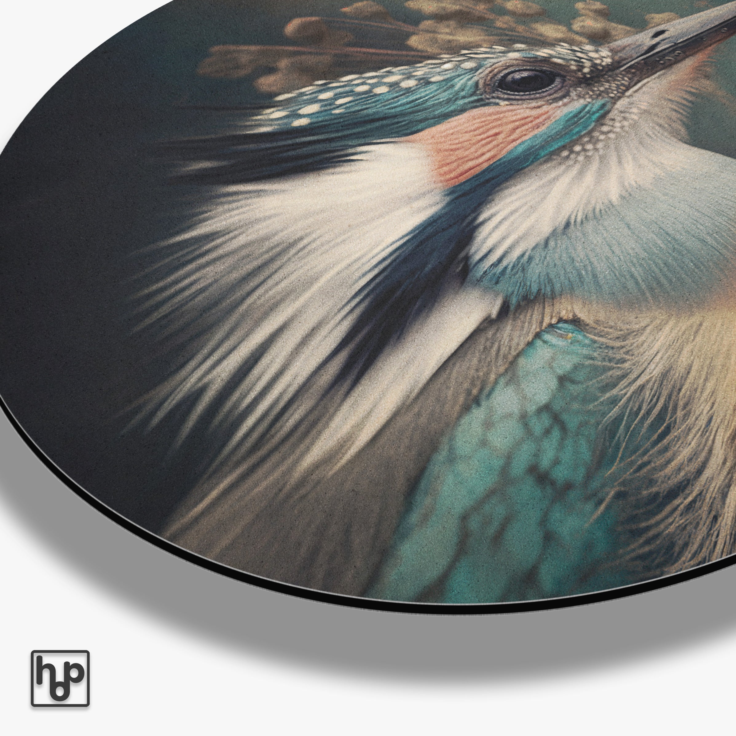 Ronde akoestische wanddecoratie met gedetailleerde ijsvogel in zachte blauw- en oranjetinten.