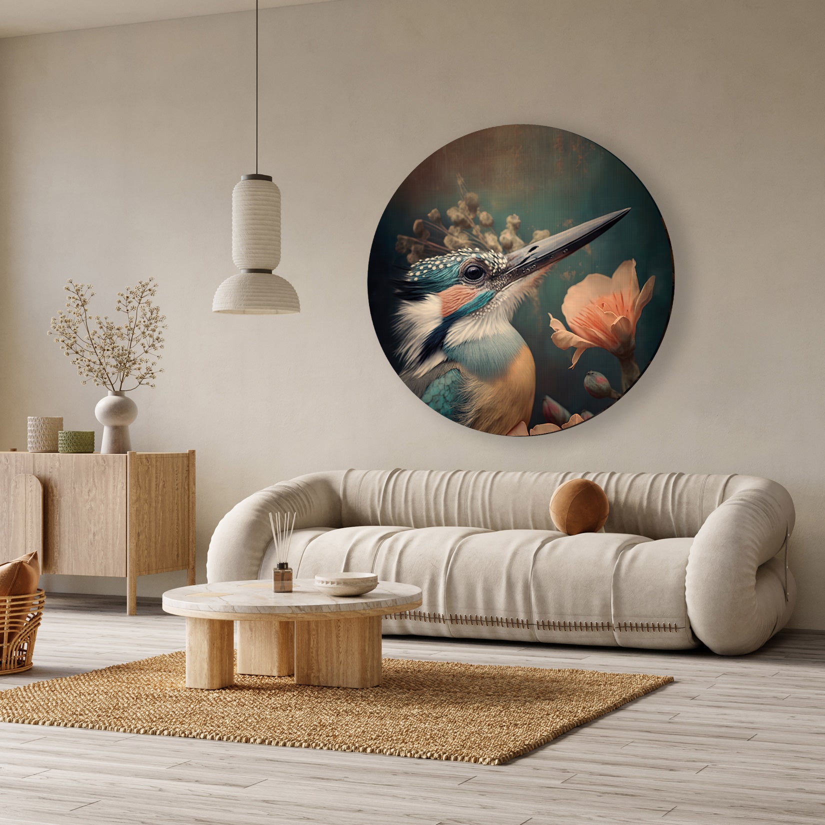 Ronde akoestische wanddecoratie met blauwe ijsvogel en roze bloemen boven een beige bank.