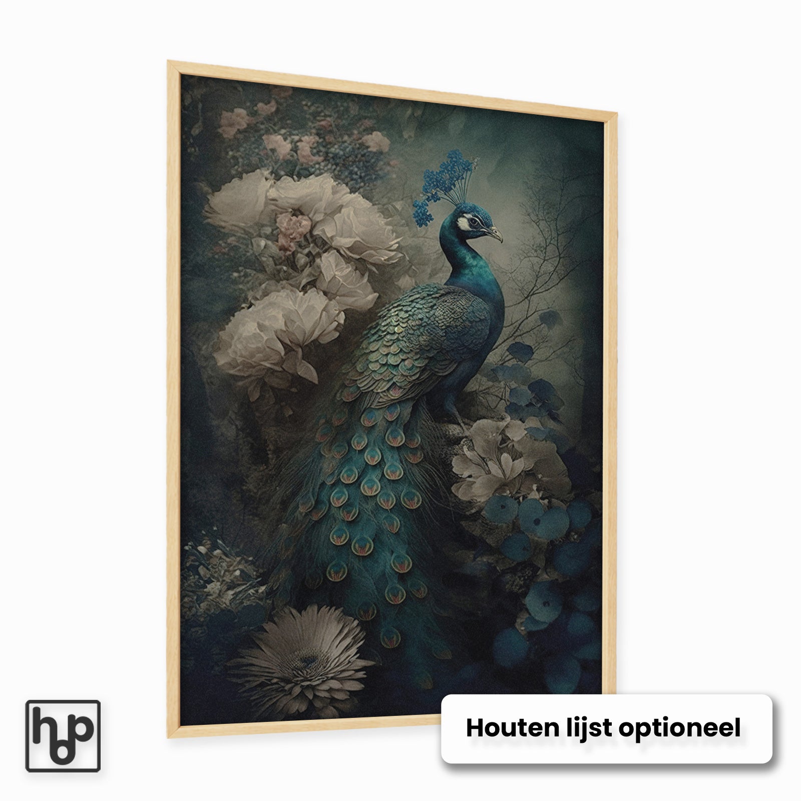 Aluminium Dibond schilderij Pauw 2 met een optionele naturel houten lijst.