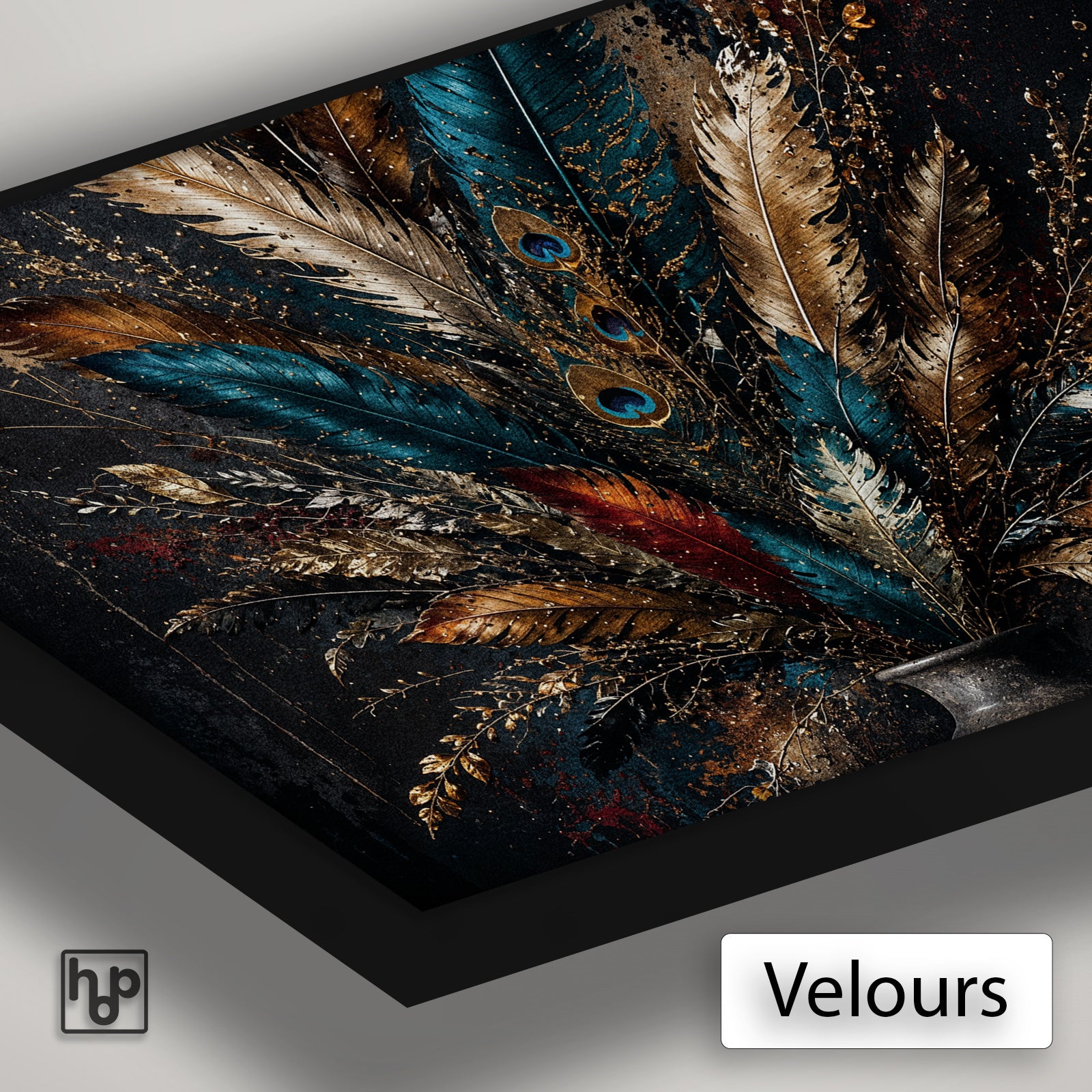Detail van Artframe Bloemen 22 met velours doek en een zwart aluminium frame.