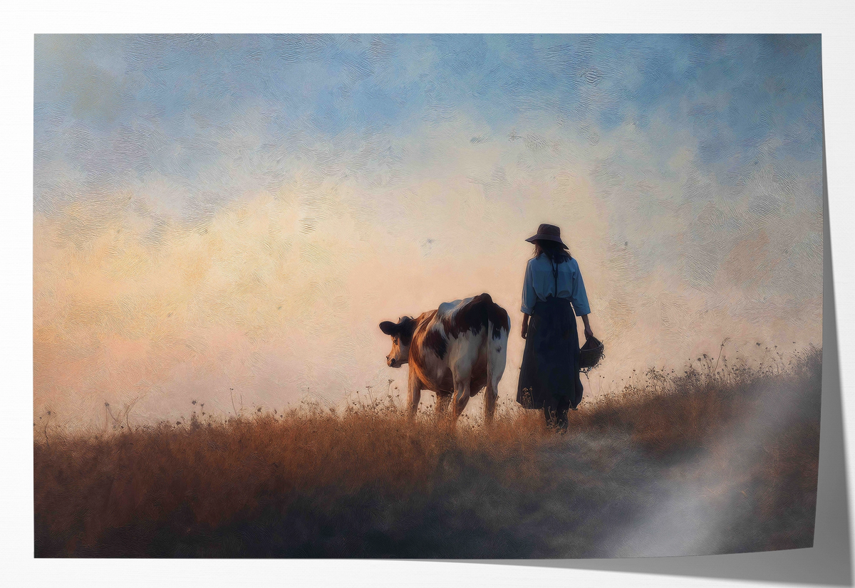 Papieren poster Meisje en de koe 2: meisje in blauwe kleding naast een koe in een weids landschap.