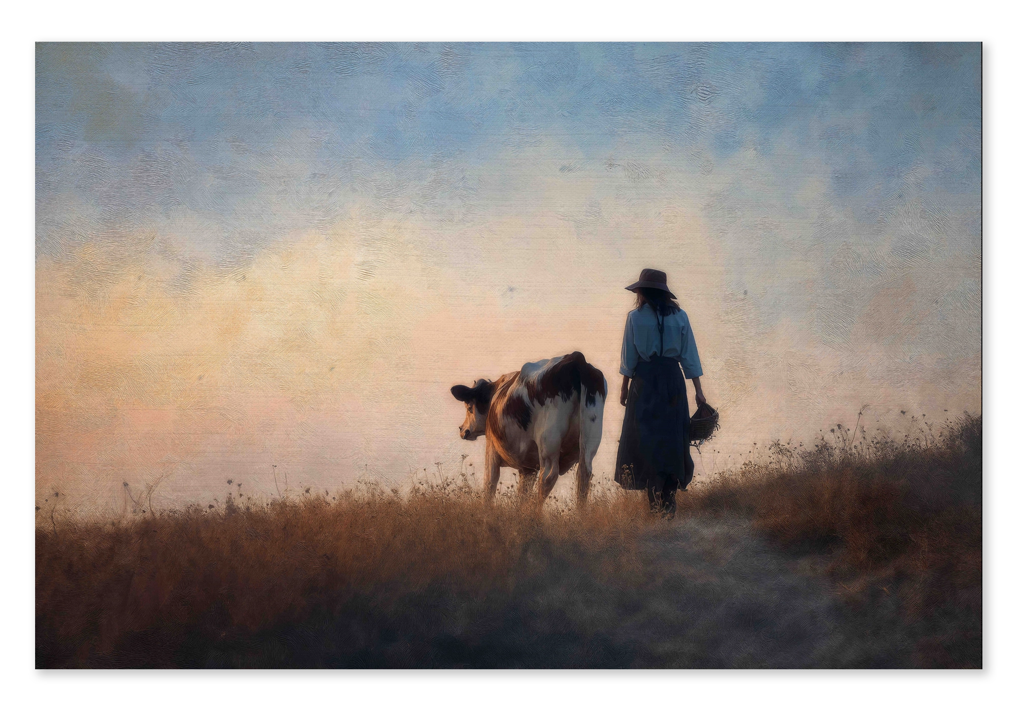 Canvas schilderij Meisje en de koe 2: meisje in blauwe kleding naast een koe in een weids landschap.