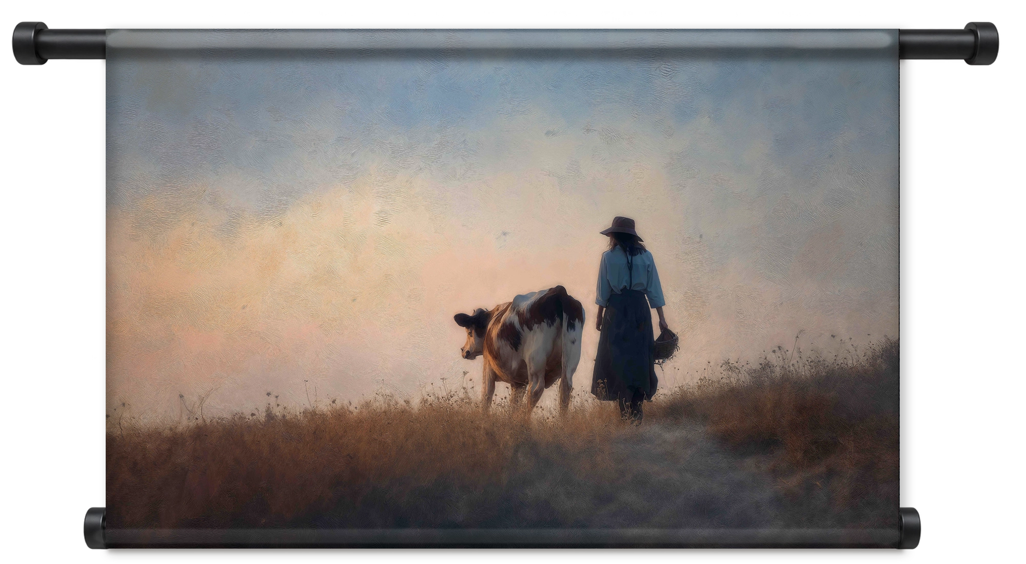 Wandkleed Meisje en de koe 2: meisje in blauwe kleding naast een koe in een weids landschap.