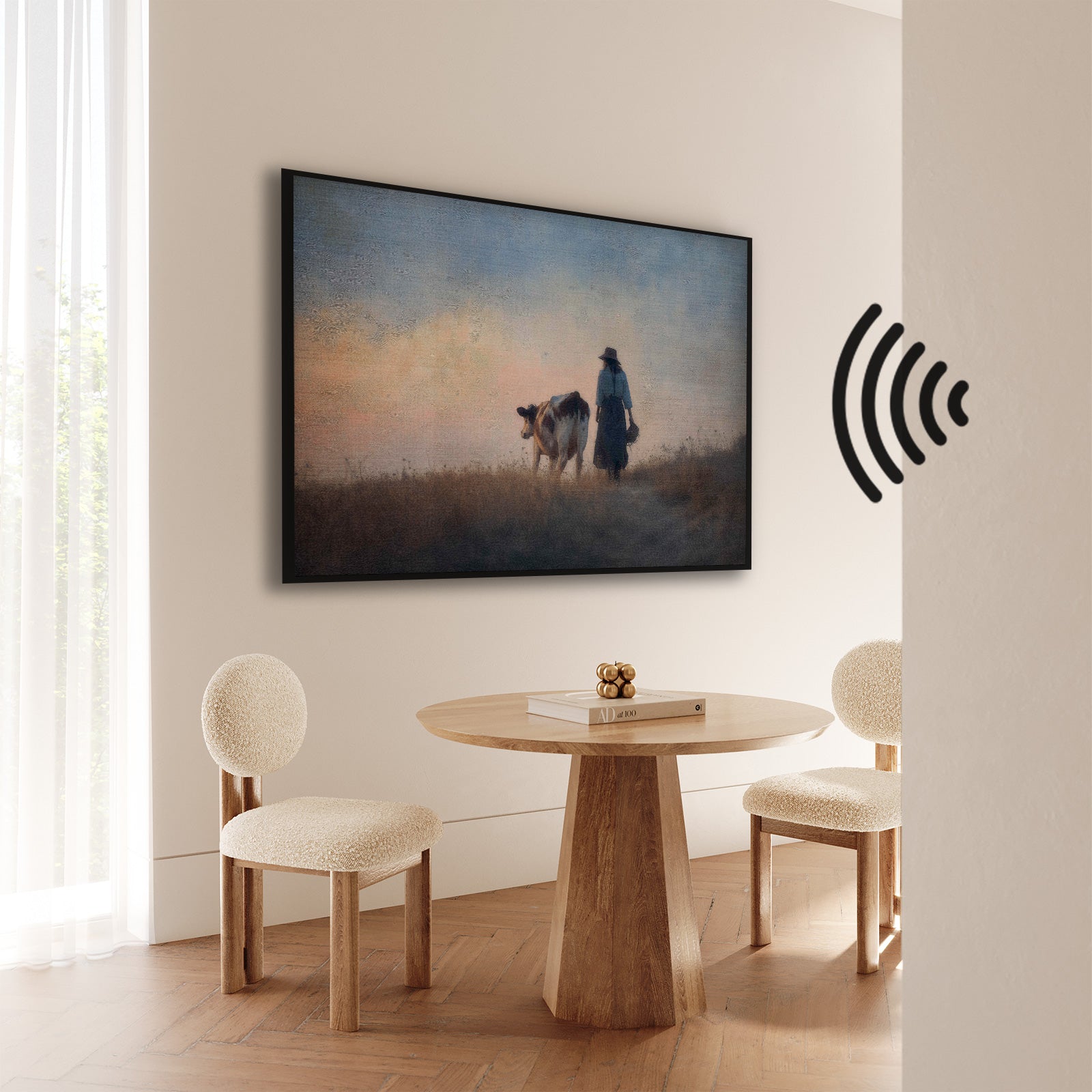 Akoestisch paneel Meisje en de koe 2 aan de muur bij een ronde houten eettafel.