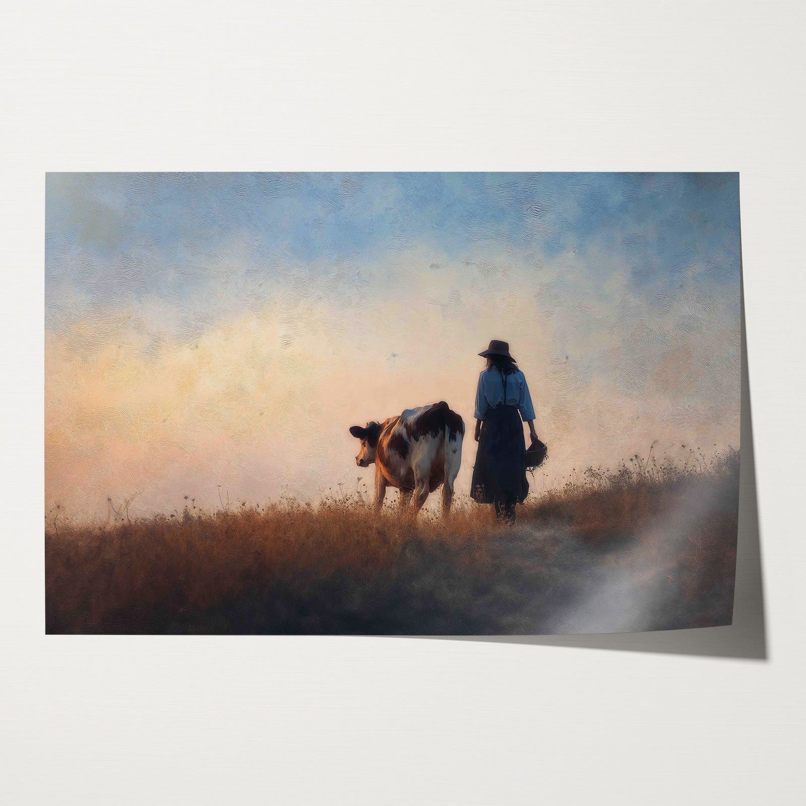 Papieren poster Meisje en de koe 2: meisje in blauwe kleding naast een koe in een weids landschap.