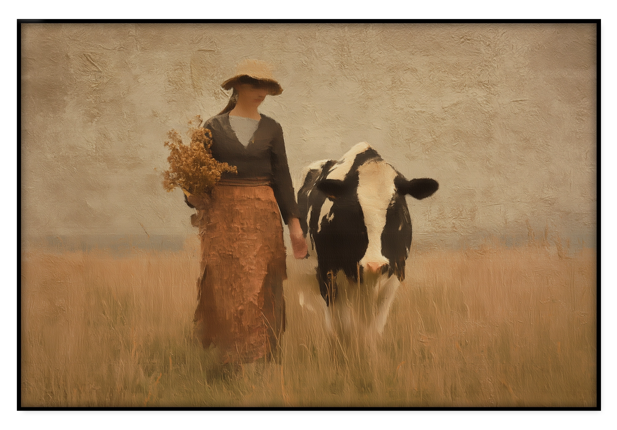 Artframe Meisje en de koe 3: vrouw met hoed en boeket naast een zwart-witte koe in een veld.