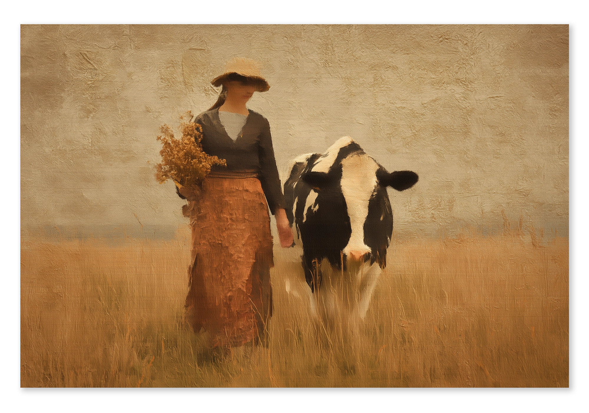 Canvas schilderij Meisje en de koe 3: vrouw met hoed en boeket naast een zwart-witte koe in een veld.
