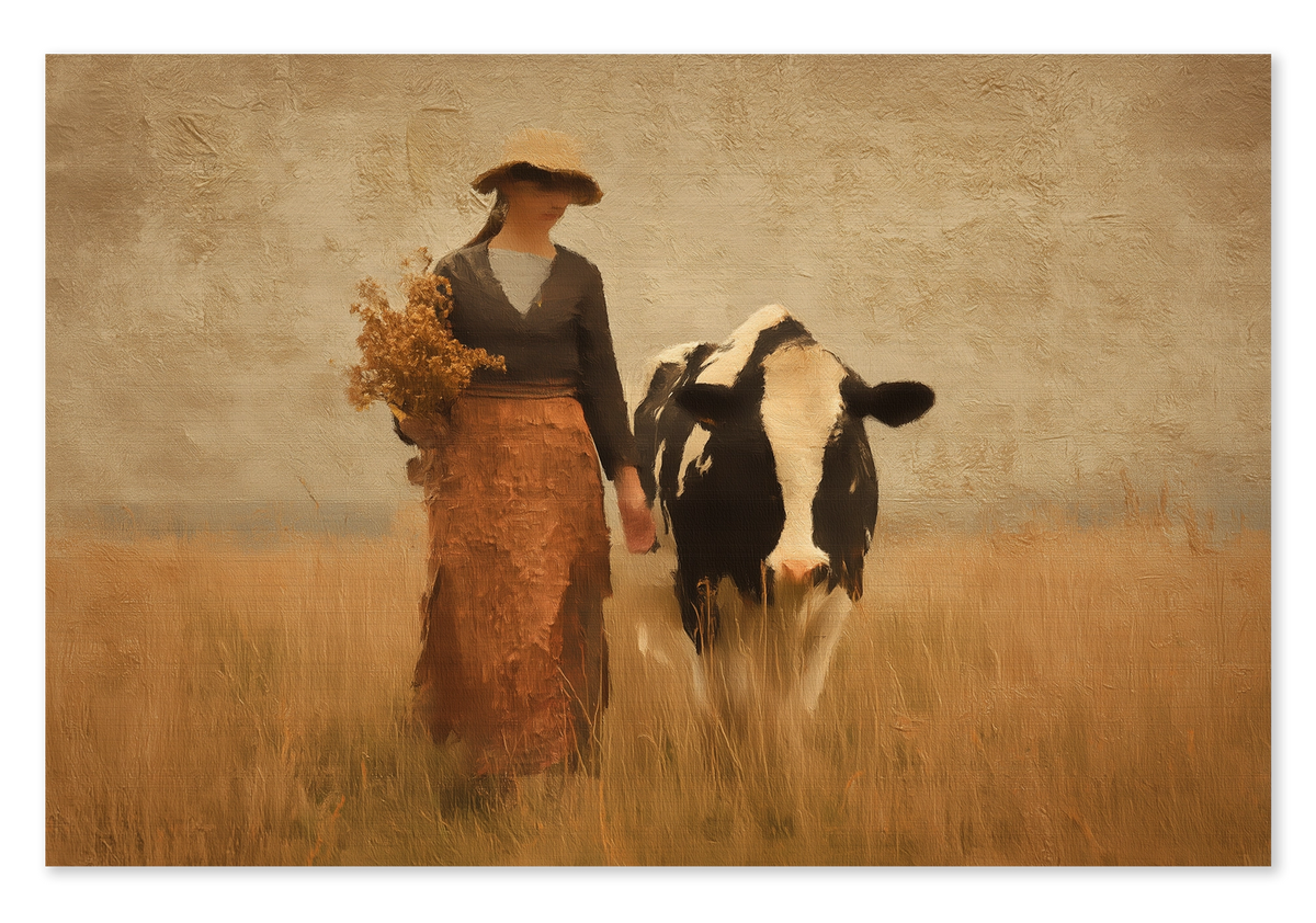 Canvas schilderij Meisje en de koe 3: vrouw met hoed en boeket naast een zwart-witte koe in een veld.