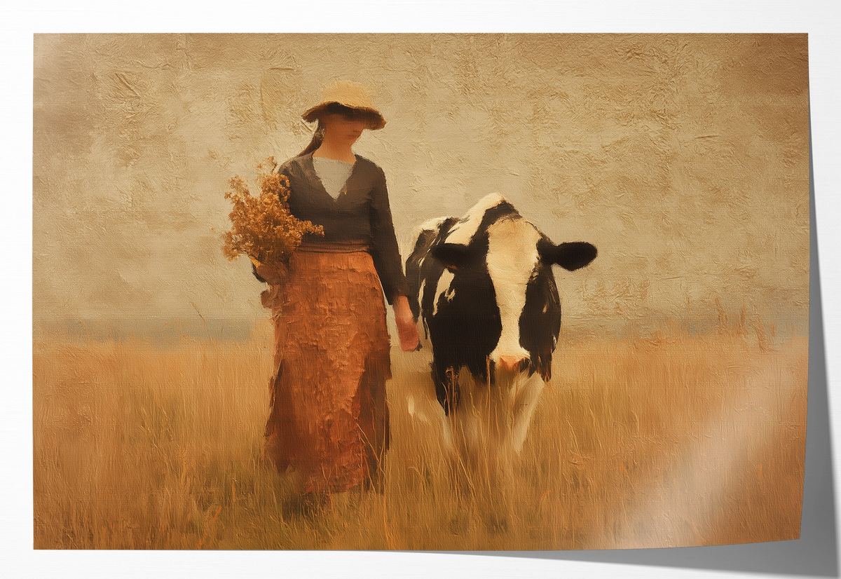 Papieren poster Meisje en de koe 3: vrouw met hoed en boeket naast een zwart-witte koe in een veld.