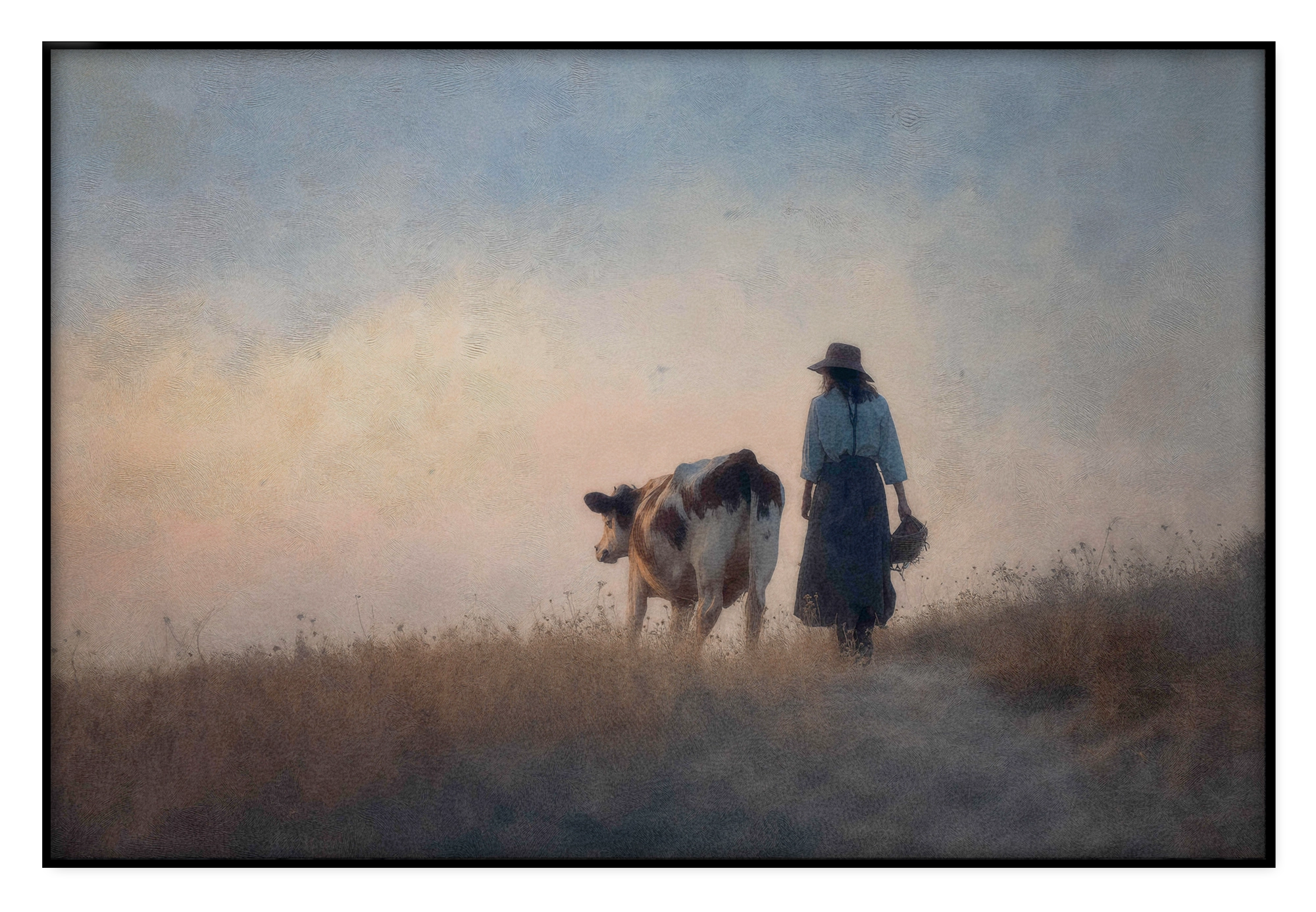 Akoestisch paneel Meisje en de koe 2: meisje in blauwe kleding naast een koe in een weids landschap.