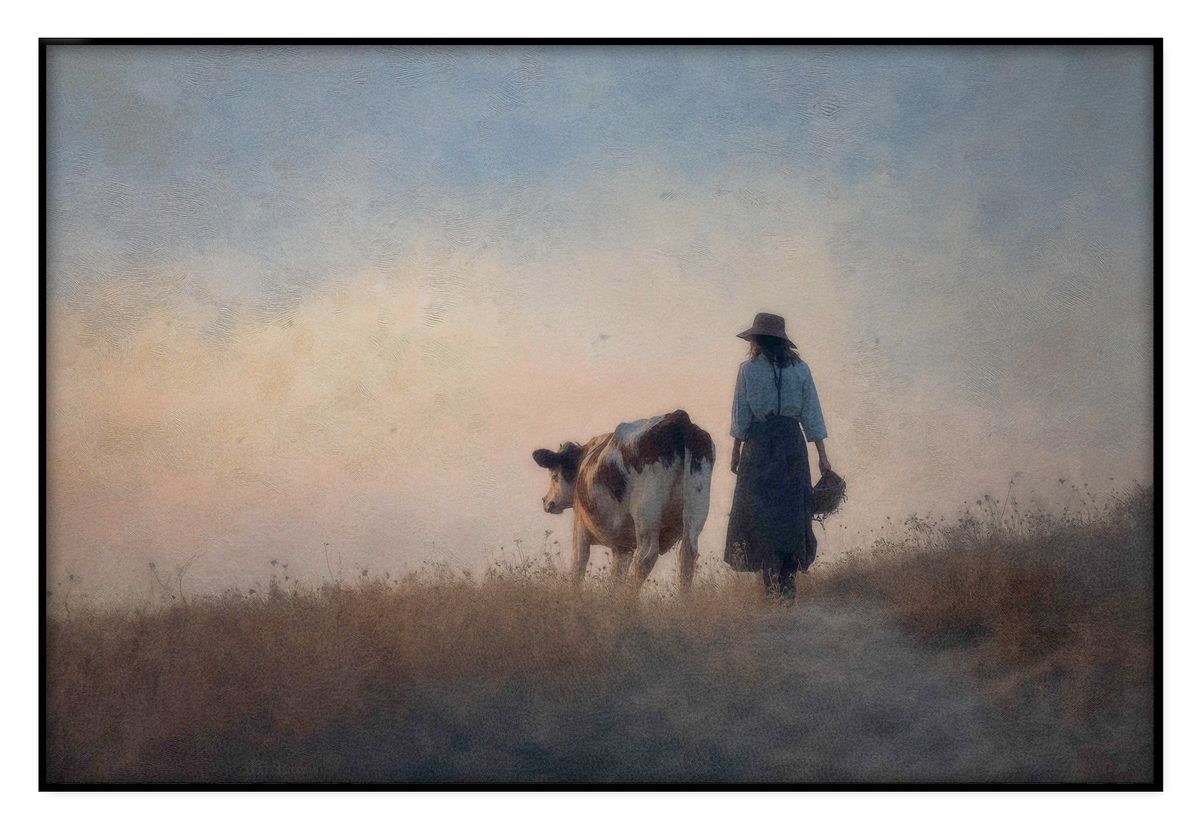 Akoestisch paneel Meisje en de koe 2: meisje in blauwe kleding naast een koe in een weids landschap.
