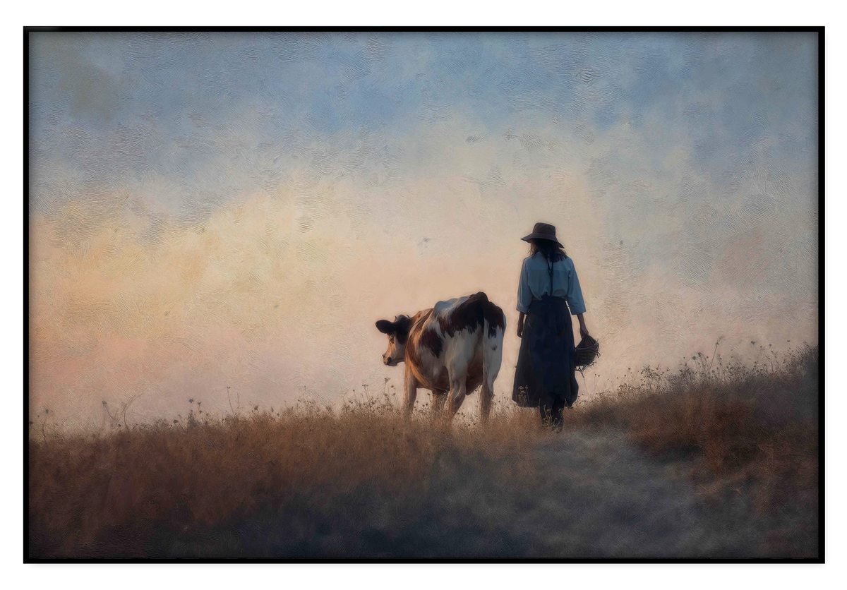 Artframe Meisje en de koe 2: meisje in blauwe kleding naast een koe in een weids landschap.