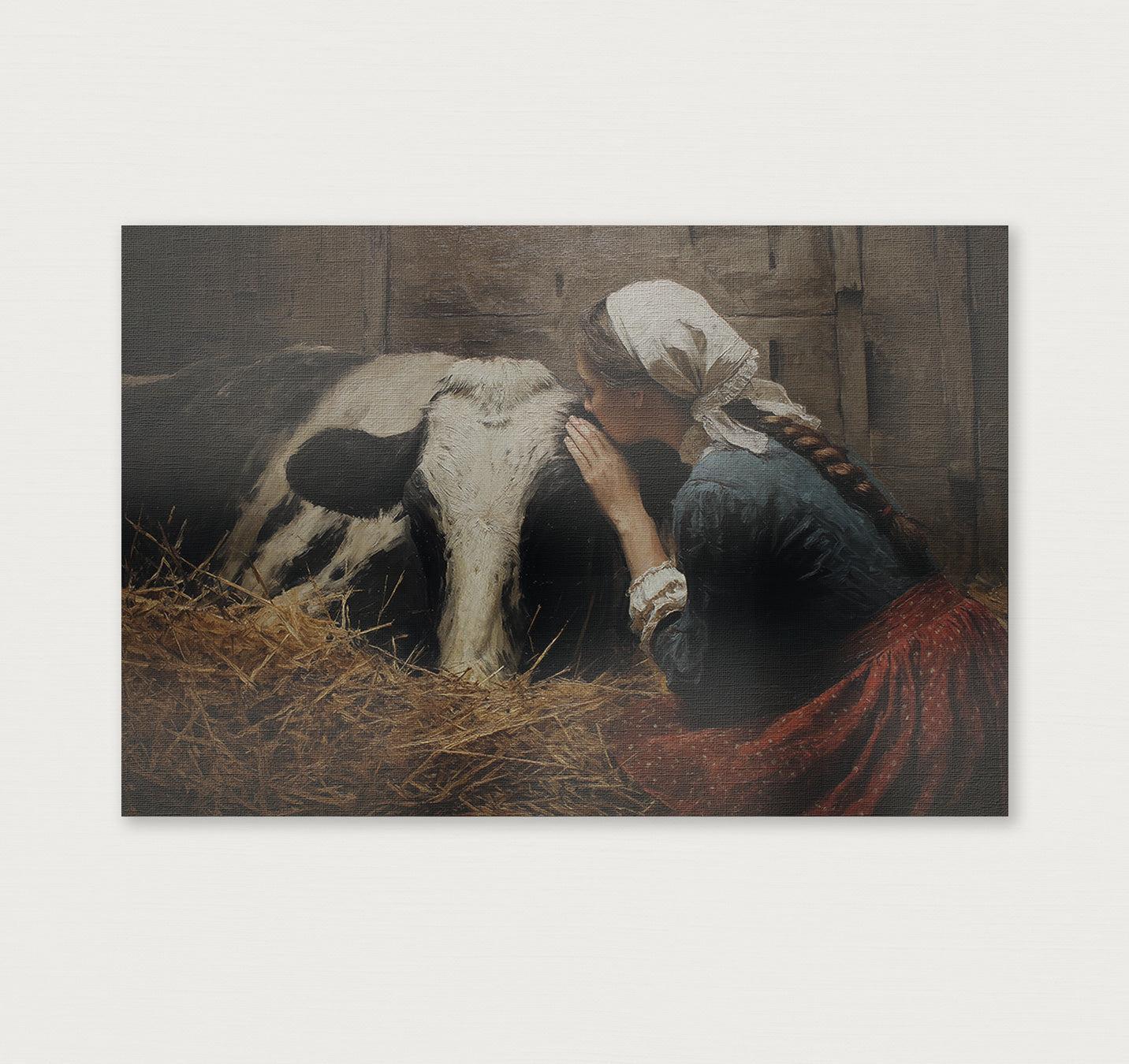 Meisje en de koe · Canvas-Poster liggend-House of Posters-House of Posters