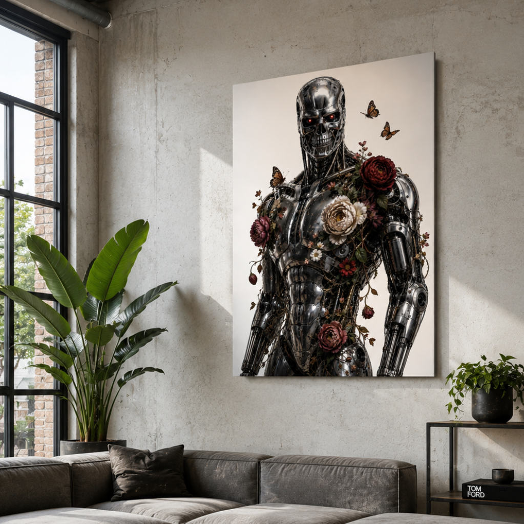 T100 met bloemen als wanddecoratie met robot en rozen boven een grijze bank in een industrieel interieur.