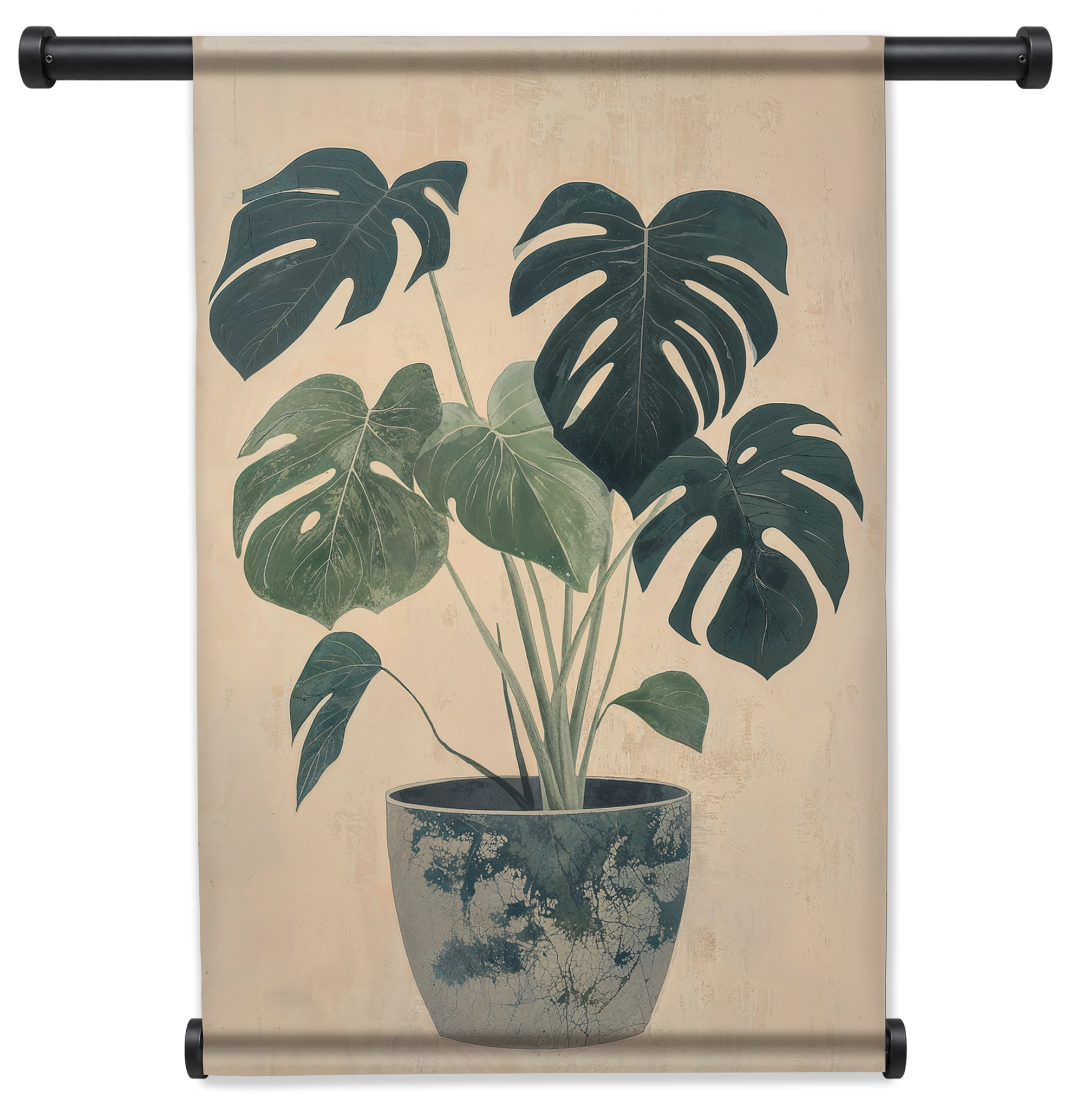 Wandkleed Monstera: monstera met groene bladeren in een blauw-witte sierpot.