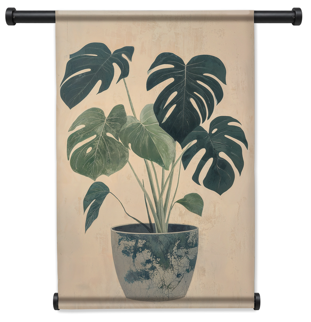 Wandkleed Monstera: monstera met groene bladeren in een blauw-witte sierpot.