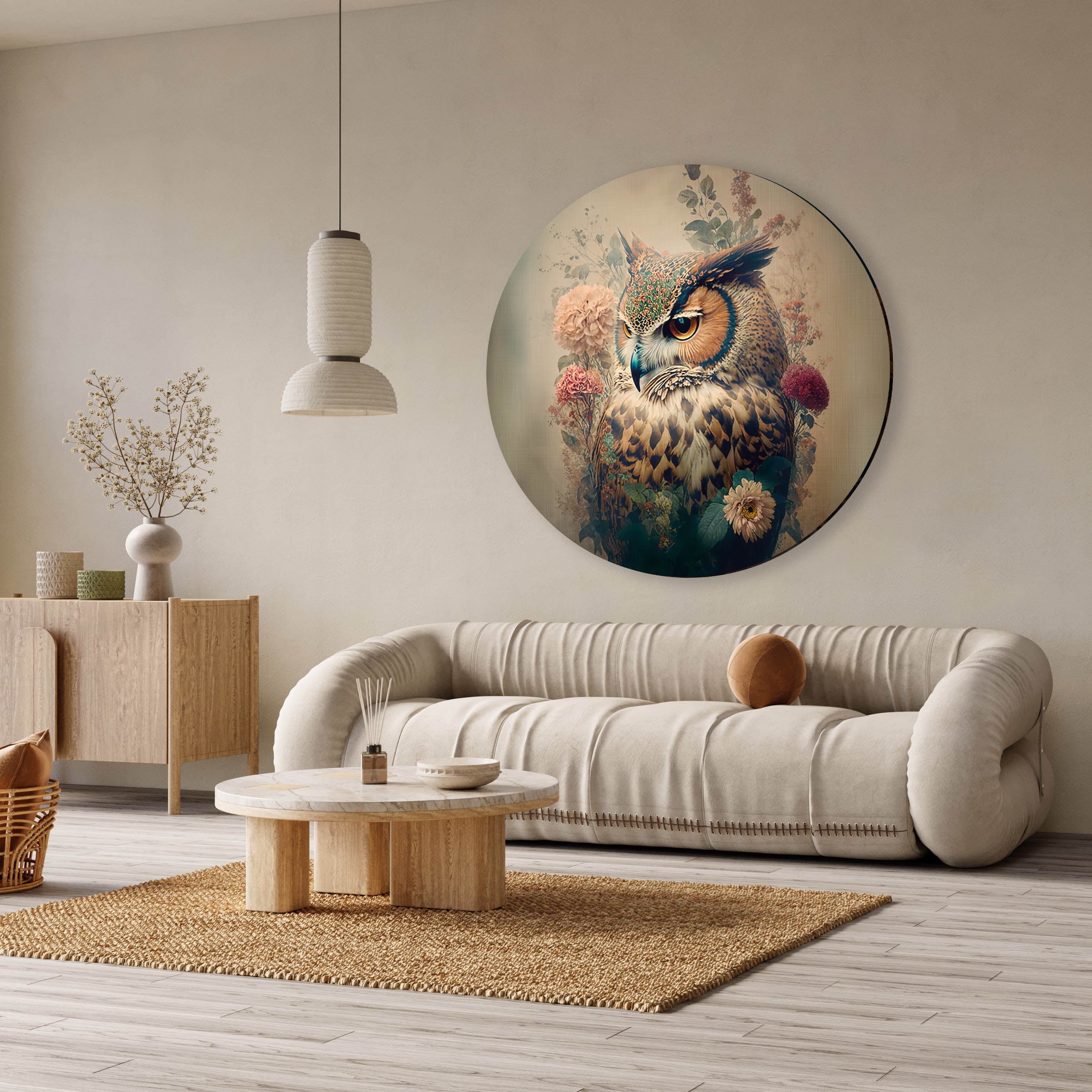 Ronde aluminium dibond muurcirkel met gedetailleerde uil en bloemen in aardetinten, boven een beige bank.