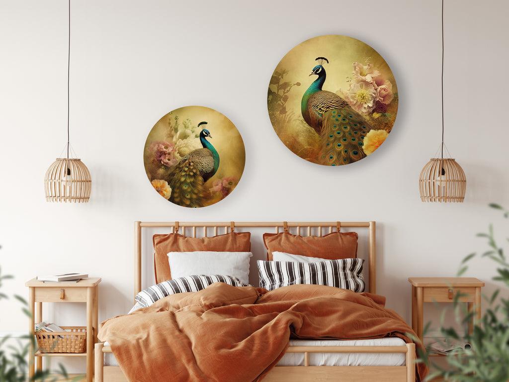 Ronde versie van de Peacock 10. Prachtige botanische poster van een pauw omgeven door bloemen. Poster in vintage stijl.