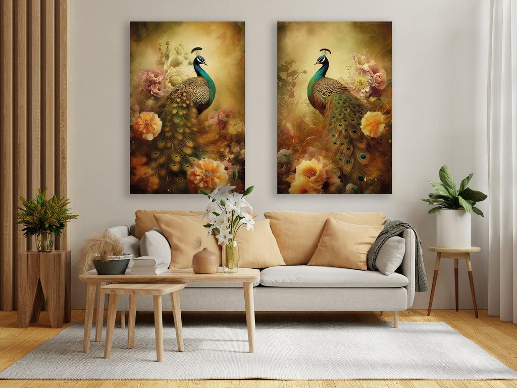 Botanische poster van een pauw omgeven door bloemen.