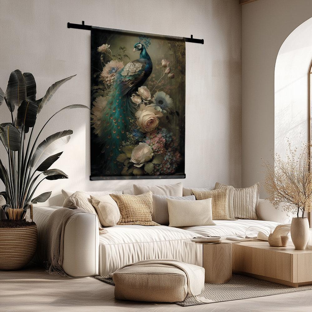 Pauw 3 wandkleed van velours polyester met zijdeglans, met art print van een pauw en bloemen in een woonkamer.