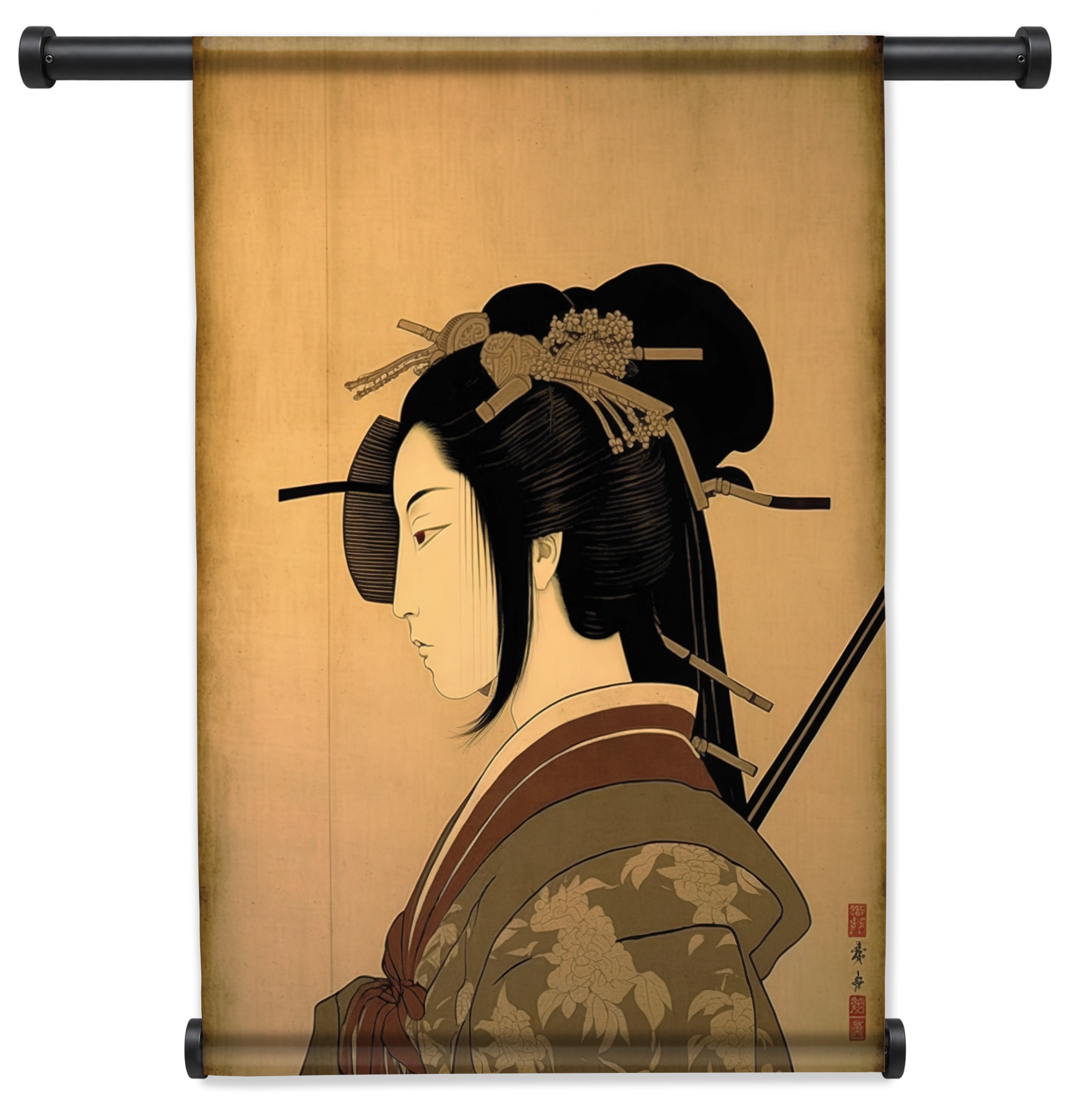Samurai wandkleed staand met zwarte roedes