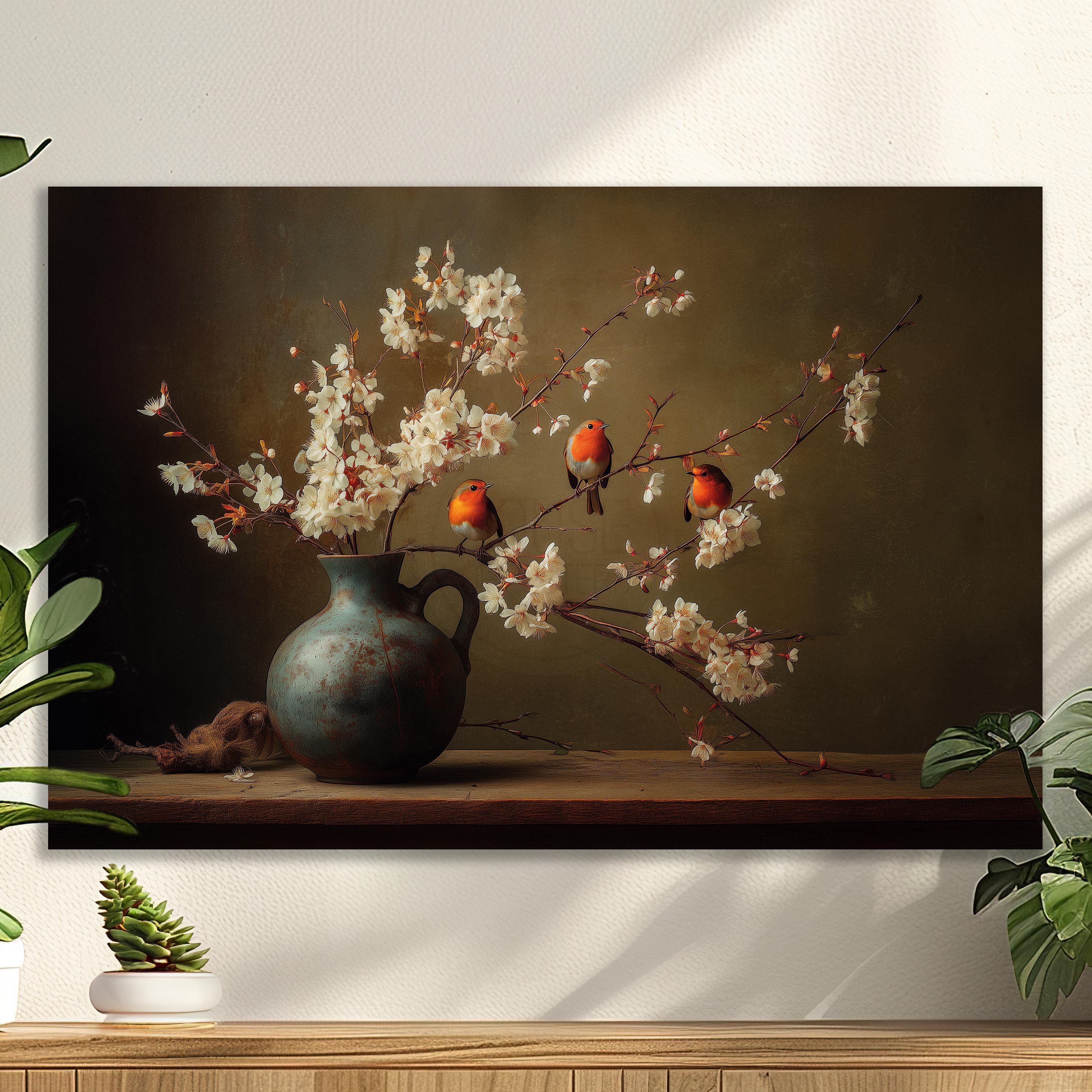schilderij landelijk roodborstjes