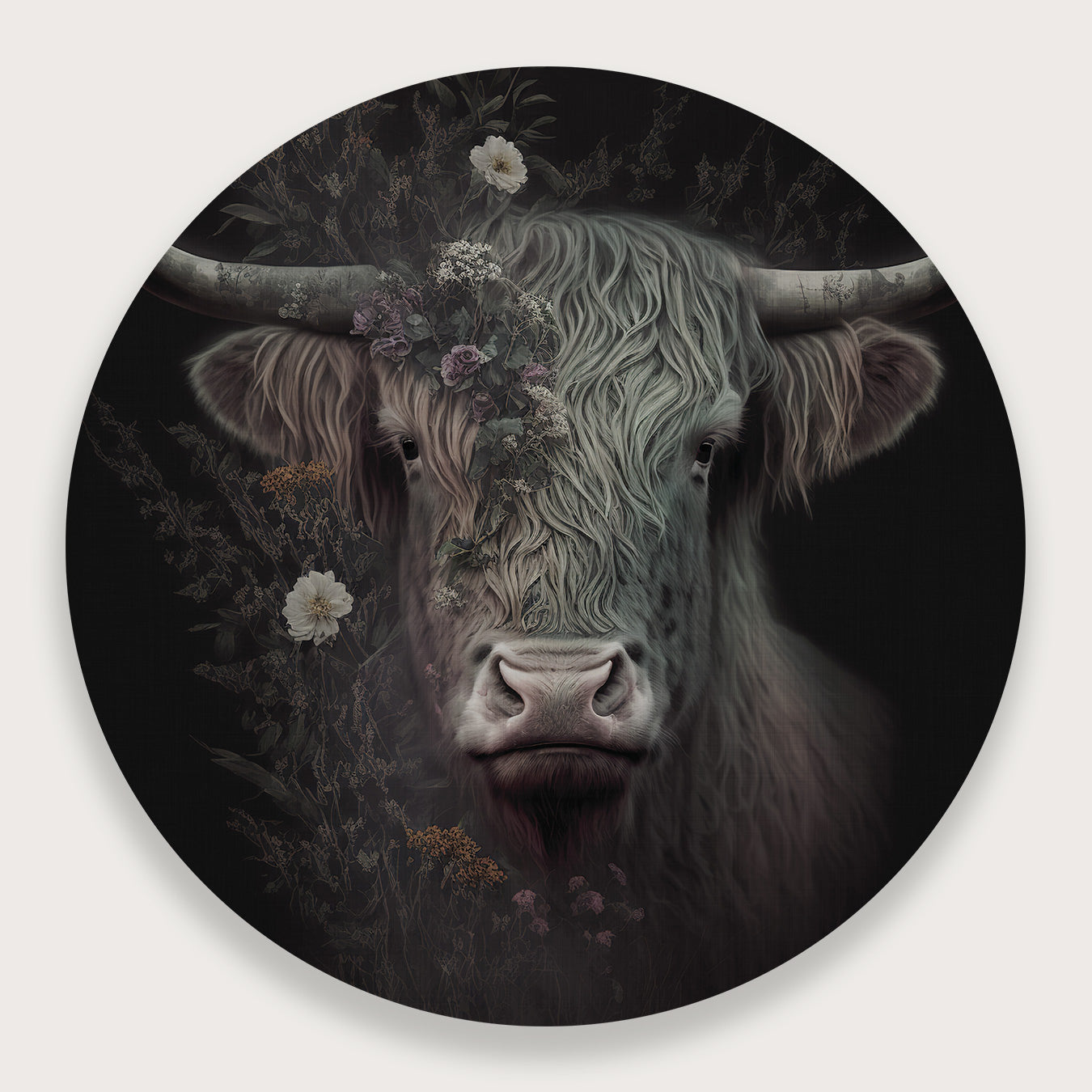Aluminium muurcirkel Schotse hooglander: donkere Schotse hooglander met grote hoorns en bloemen.