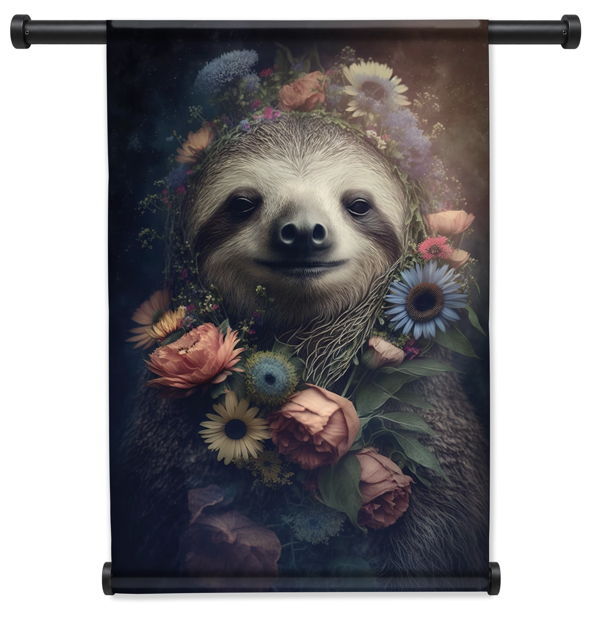 Wandkleed Sloth: luiaard tussen roze en blauwe bloemen.