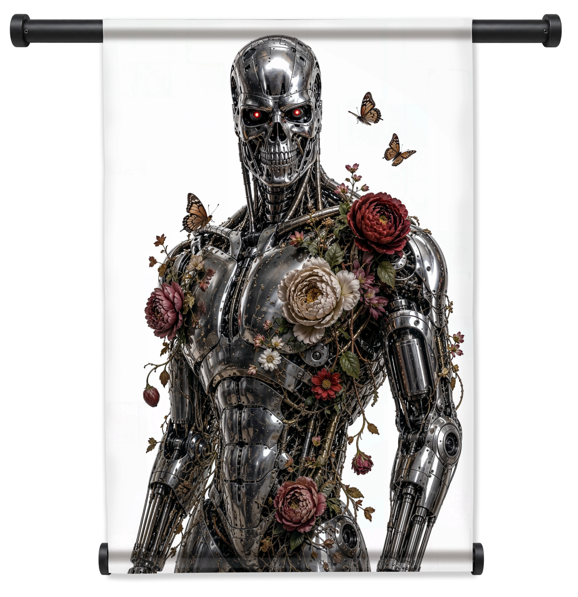Wandkleed T100 met bloemen: metalen robot met rozen en vlinders tegen een lichte achtergrond.
