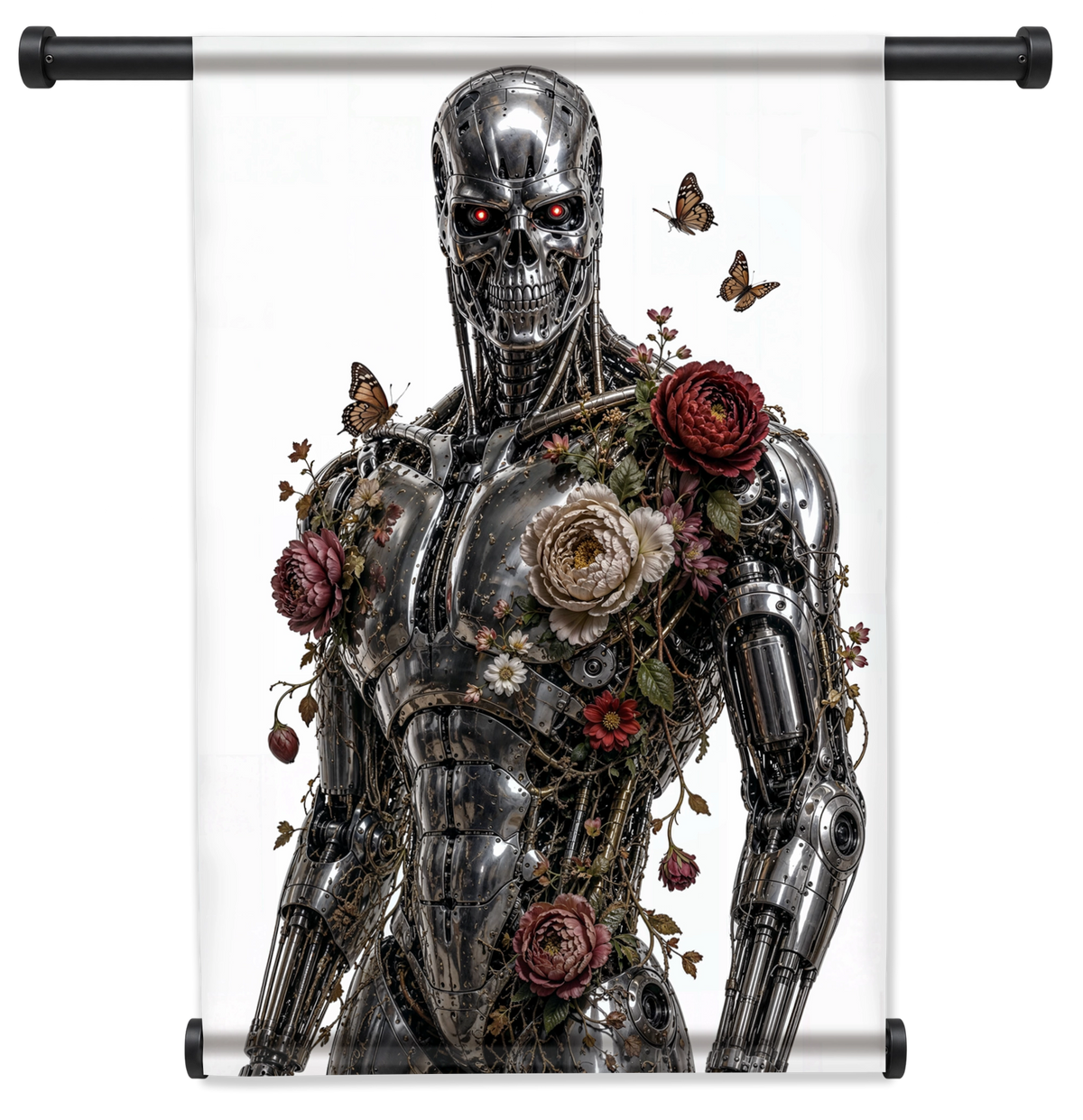 Wandkleed T100 met bloemen: metalen robot met rozen en vlinders tegen een lichte achtergrond.