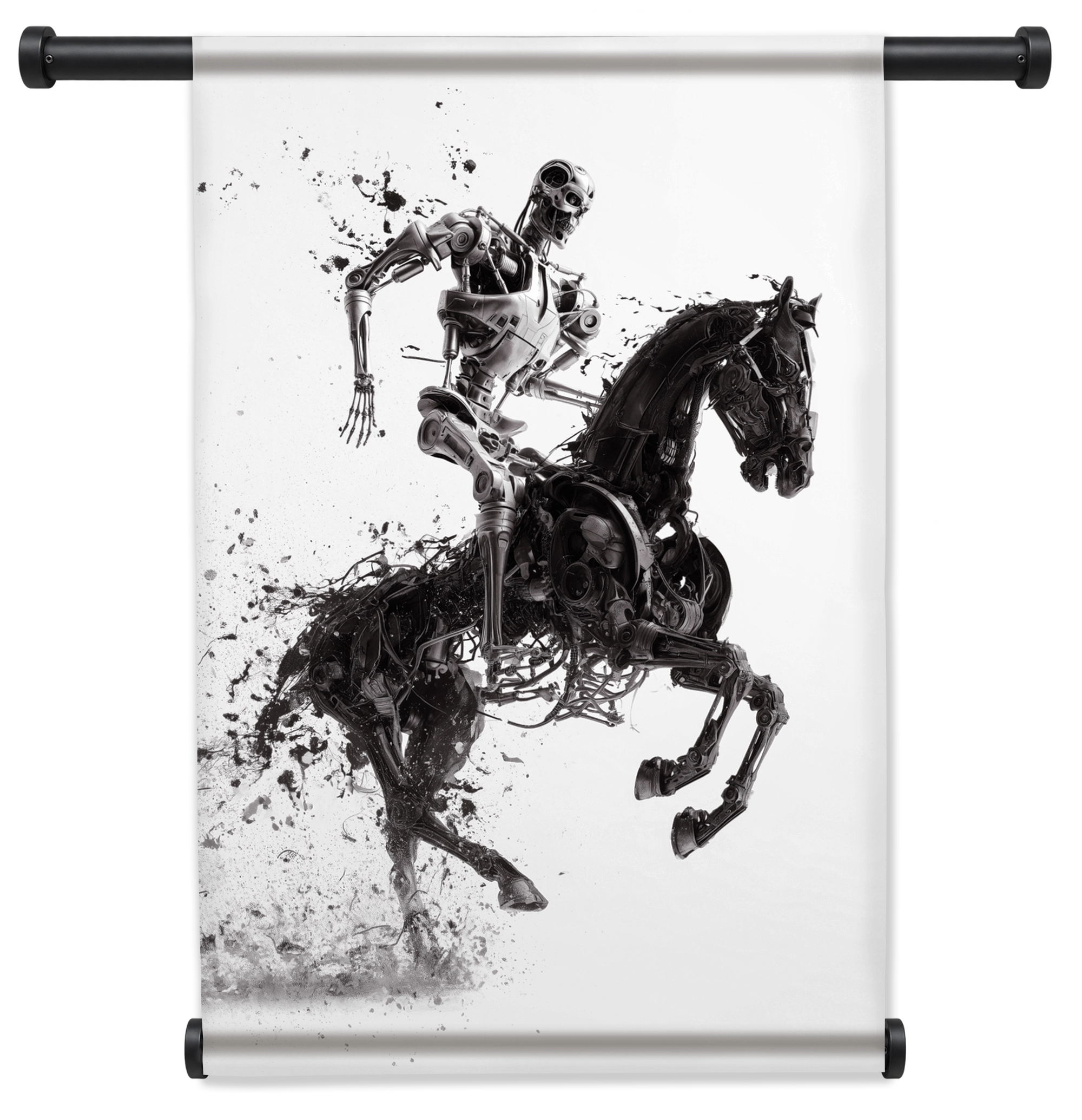 Wandkleed T100 op paard: metalen robot op een steigerend paard in zwart-wit.