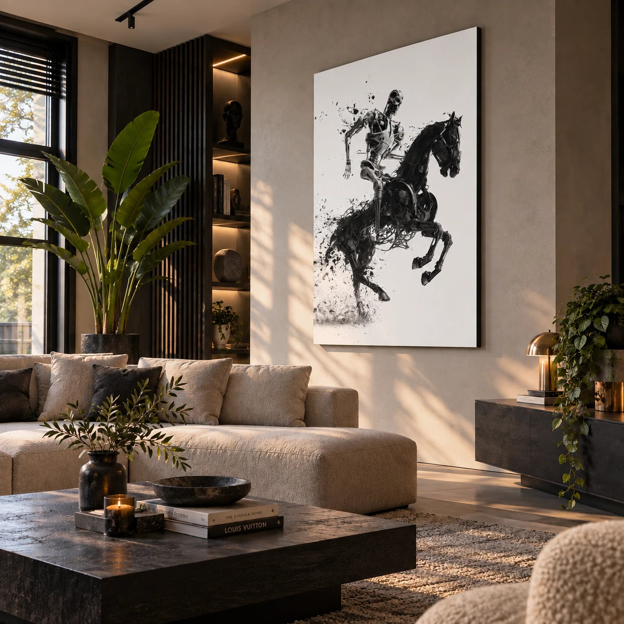 T100 op paard wanddecoratie in moderne industriële woonkamer