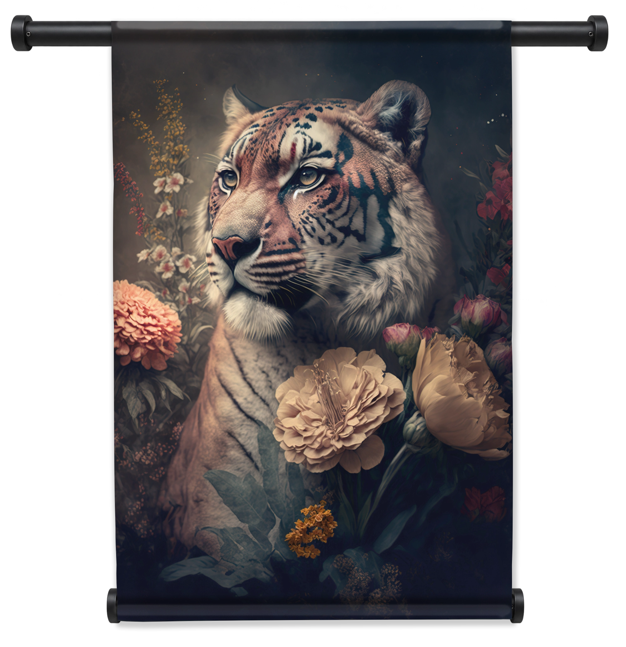 Wandkleed Tijger: tijgerportret tussen bloemen tegen een donkere achtergrond.