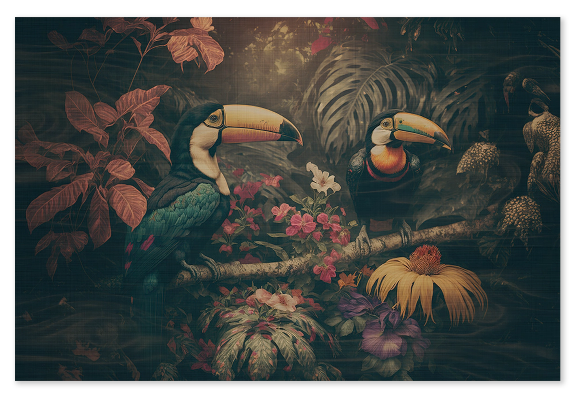 Houten wanddecoratie Toekans 2: twee toekans tussen tropische bloemen tegen een donkere achtergrond.