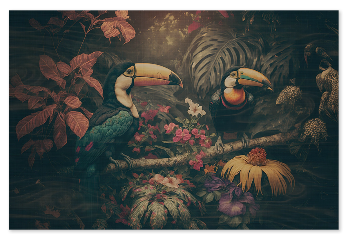 Houten wanddecoratie Toekans 2: twee toekans tussen tropische bloemen tegen een donkere achtergrond.