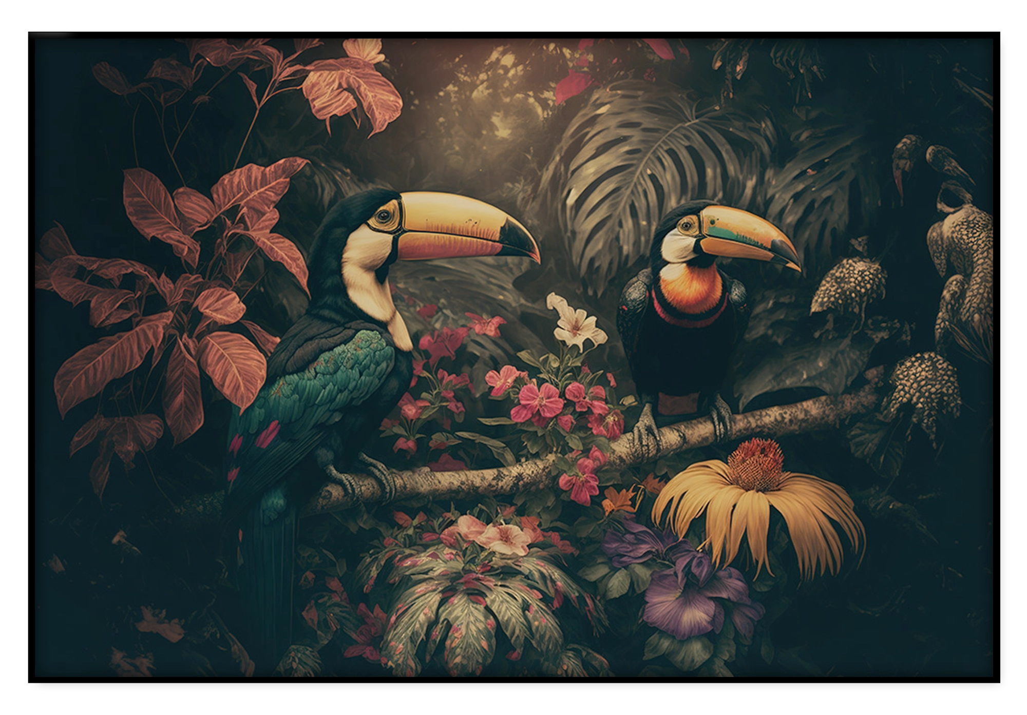Artframe Toekans 2: twee toekans tussen tropische bloemen tegen een donkere achtergrond.