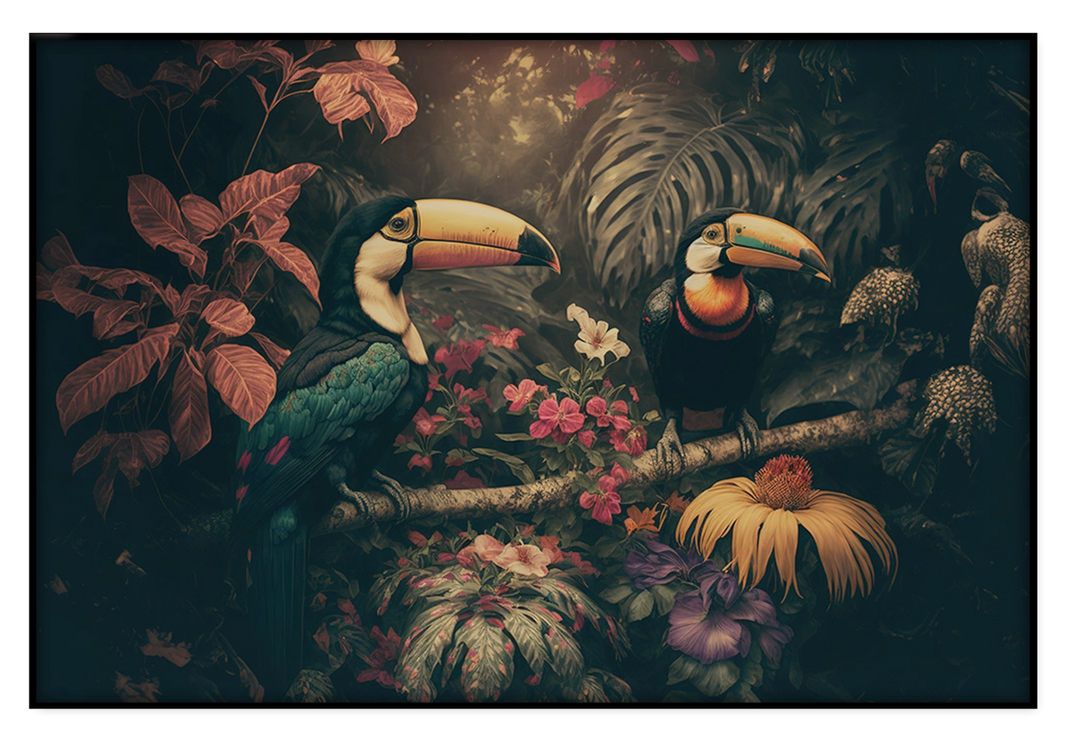 Artframe Toekans 2: twee toekans tussen tropische bloemen tegen een donkere achtergrond.
