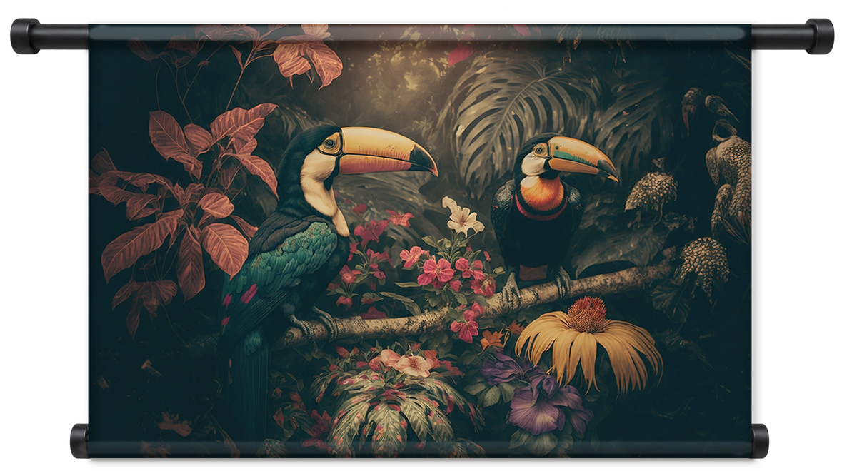 Wandkleed Toekans 2: twee toekans tussen tropische bloemen tegen een donkere achtergrond.