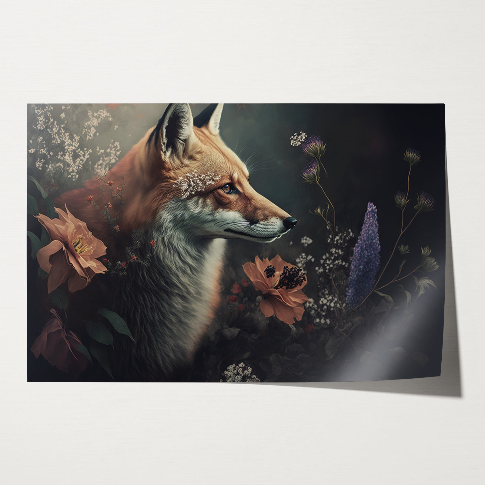 Papieren poster Vos 3: vos in profiel met bladeren en bloemen in warme bruine tinten.